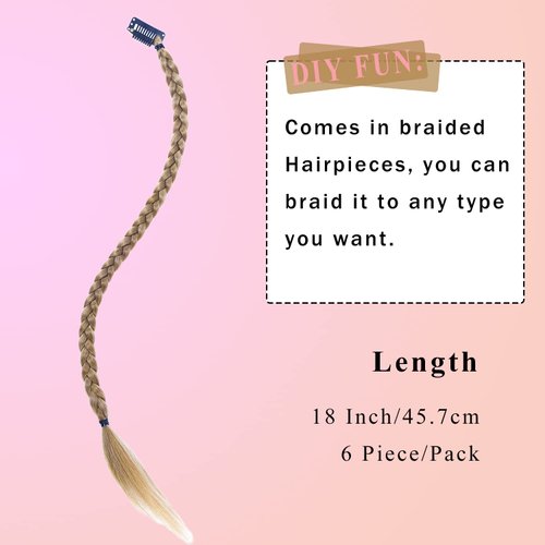 Braid Hair Extensions 6 Pcs Baby Braids Front Side Bang Long Braided Ponytail Extension 18inch Clip in Hair Extensions Straight Synthetic Hairpieces Natural Soft Synthetic Hair for Women Kids Girls Daily Wear (Golden Blonde Mix Bleach Blonde)