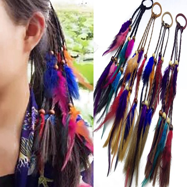 4PCS Women Lady Handmade Boho Hippie Hair Rope Head Wrap Hair Band Headbands Elastics Feather Hair Tie Ponytail Holders Hair Accessories Headdress