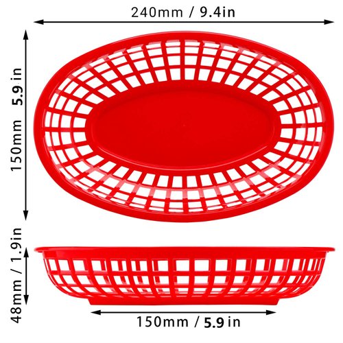 EUSOAR Plastic Serving Trays, 6pcs 9.4"x 5.9" Food Baskets for Serving, Reusable Bread Baskets for Fast Food Restaurant Supplies, Deli Serving, Chicken, Burgers, Sandwiches & Fries