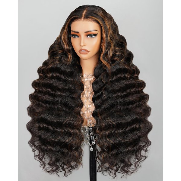 Arabella Highlight Lace Front Wig Human Hair 5x6 1B/30 Ready to go Glueless Wigs Human Hair Pre Cut Lace 210% Density Real Pre Bleached Loose Curly Wave Wig (22inch, 5X6 Loose Curly Wig)