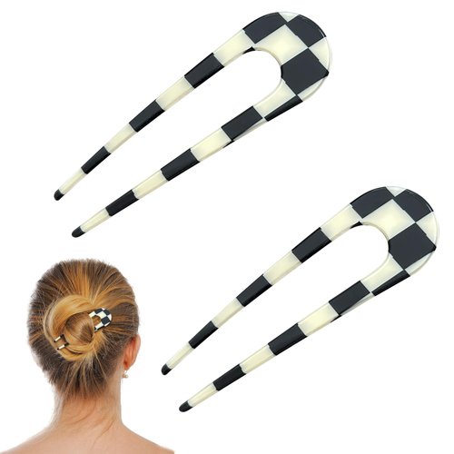 2 Pack Black and White Checkered Thin U-Shaped Hair Pins for Women - French Pins Stylish Hair Accessories for Buns and Twists