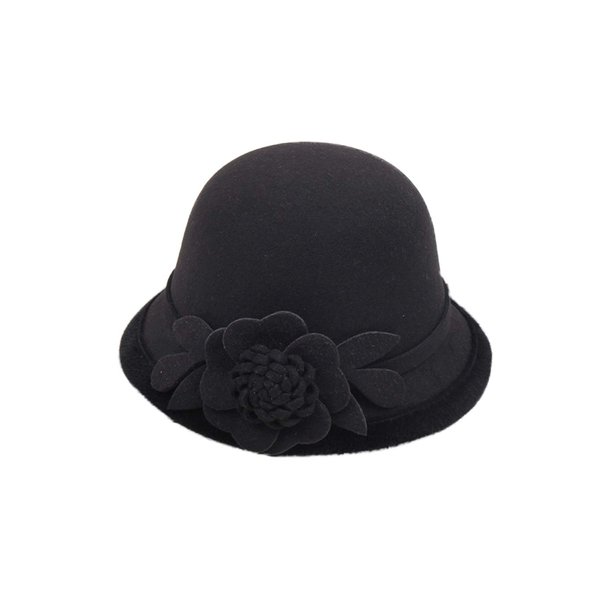 Women's Cloche Hat 1920s Winter Bucket Hat Vintage Church Elegant Flower Black F