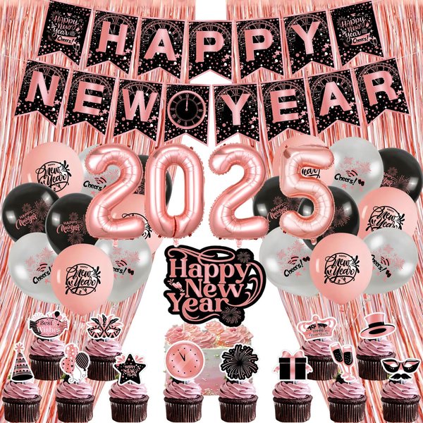 New Years Eve Party Supplies 2025 Rose Gold Happy New Year Decorations Happy New Year Banner 2025 Foil Balloons Rose Gold Fringe Curtain for Rose Gold New Year's Eve Party Supplies