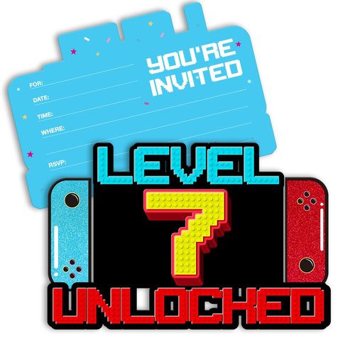 pertnate Video Game 7th Birthday Invitations Boy Glitter Video Game 7 Year Old Boys Birthday Party Shaped Invitations Invites with Envelopes, 20 Pack