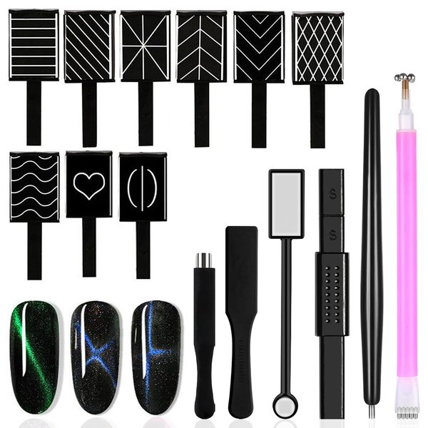 YECIRALA 15 Pieces Nail Magnet Tool Set For Cat Eye Nail Polish Magnet Plate Wand Board Magnetic Pen Double Ended Magnet Wand Magnet Stick For Diy Gel Polish Nail Art Designs Magnets