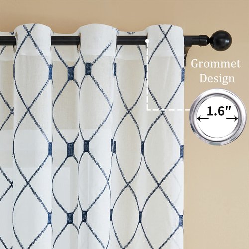 Top Finel White Short Sheer Curtains 54 Inch Length Navy Embroidered Diamond Grommet Window Curtains for Living Room Bedroom, 2 Panels