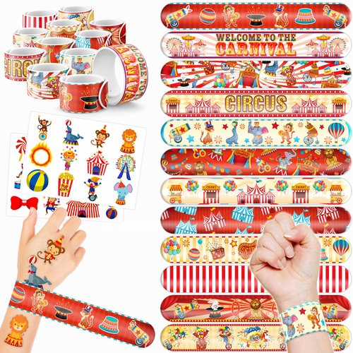 48 PCS Carnival Party Favors 24PCS Tattoos Stickers 24PCS Slap Bracelets Wristbands Perfect for Circus Themed Birthday Baby Showers or Classroom Rewards Ideal Decor and Gifts for Girls and Boys