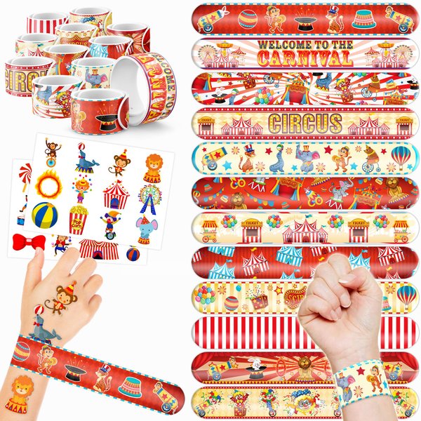 48 PCS Carnival Party Favors 24PCS Tattoos Stickers 24PCS Slap Bracelets Wristbands Perfect for Circus Themed Birthday Baby Showers or Classroom Rewards Ideal Decor and Gifts for Girls and Boys