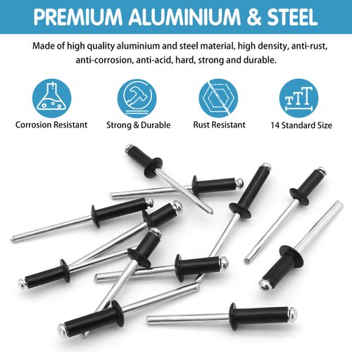 SATANTECH 500pcs Black Rivets Pop Rivets Assortment Kit, 14 SAE Sizes Aluminum Rivets (3/32" 1/8" 5/32" 3/16"), Assorted Blind Rivets with Reinfored Divider & Labeled Case for Storage