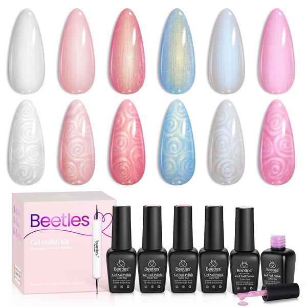 Beetles Pearl Gel Nail Polish 6 Colors Shimmer Glitter White Pink Blue Nail Polish Mermaid Gel Soak Off Uv Led Spring Summer Gel Polish Swirl Thread Effect DIY Manicure Art Gift for Women