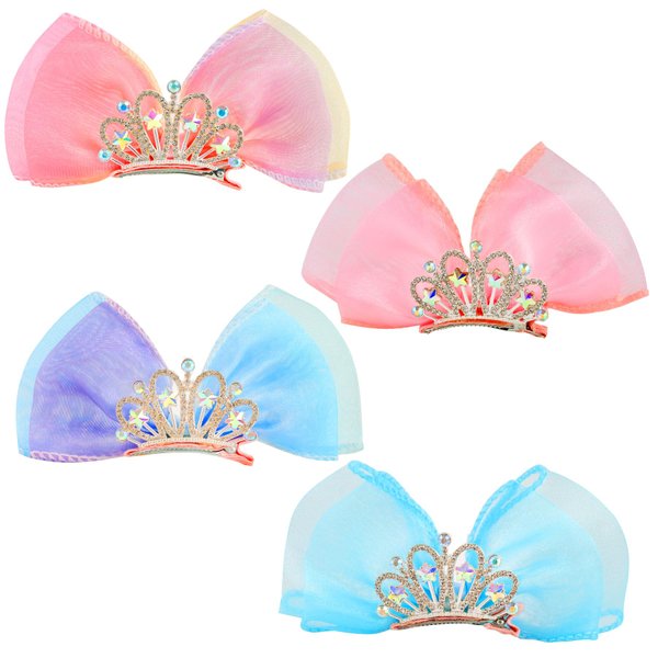 HLTOO 4PCS Rhinestones Crown Bow Hair Clips, Small Crown Hair Barrettes, Rhinestones Princess Birthday Headband, Ribbon Bows with Alligator Clips, for Women and Girls Hair Styling Accessories