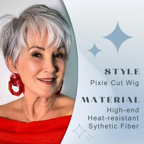 LEOSA Silver Ombre Gray Layered Bob Wigs Pixie Cut wig for Women Short Grey Straight Pixie Cut Wigs Gray Highlight Gray Hair Wigs Shaggy Wig Natural Looking Daily Use