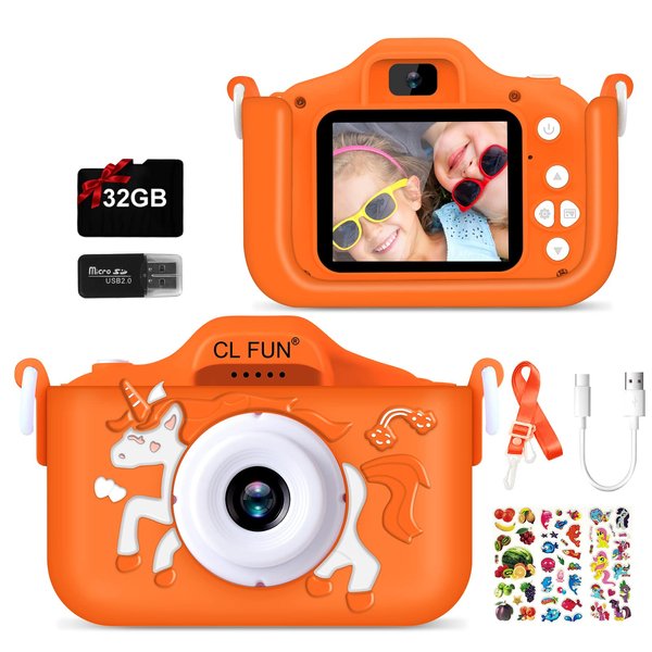 CL FUN Kids Camera, Toy Camera for Kids Girls/Boys Age 3-12, Toddler Digital Video Camera with Silicone Cover, Portable Toy Camera with 32GB Card, Christmas Birthday Present for Kids-Orange