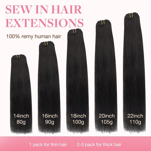GOO GOO Sew in Hair Extensions Real Human Hair, Weft Hair Extensions Human Hair, 1B Natural black 16 Inch-90g, Weft Bundles Straight Silky Remy Hair