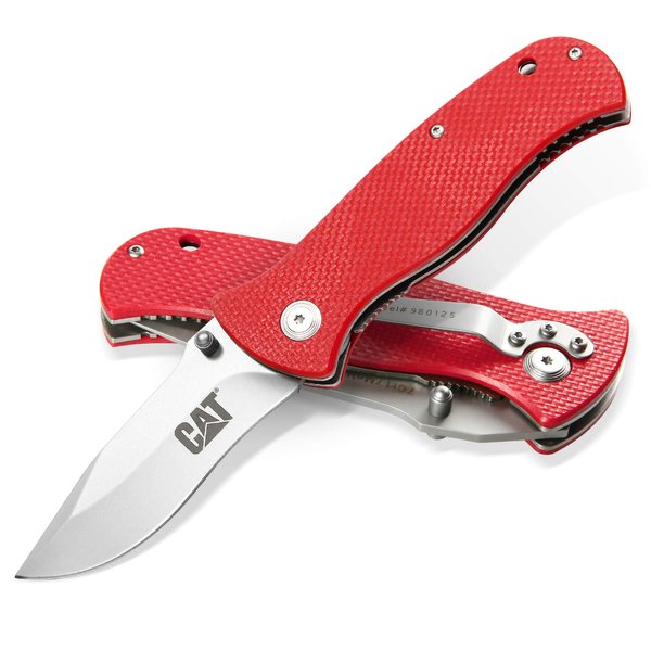 Cat 7-1/2 Inch Drop-Point Folding Knife, 3 Inch Blade, Pocket Clip, Hunting, Fishing, Rope, Outdoors - 980125,Red