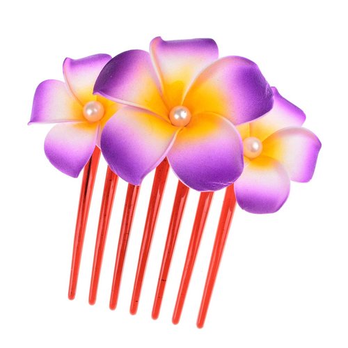 Love Sweety Hawaiian Plumeria Pearl Hair Clips Women Side Comb Flower Barrettes for Beach Party (Comb Purple)