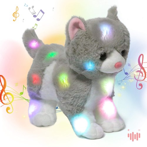 Hopearl LED Musical Stuffed Kitty Light up Singing Plush Cat Adjustable Volume Lullaby Animated Soothe Birthday Gifts for Kids Toddler Girls, Grey, 13.5''