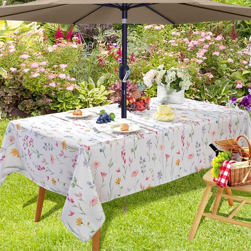 Spring Summer Outdoor Tablecloths With Umbrella Hole,Zipper Rectangle 60x84 Inch, Washable Reusable Watercolor Floral Table Cloth, Spill Proof Pastel Flower Fabric Table Cover For Picnic Party Patio