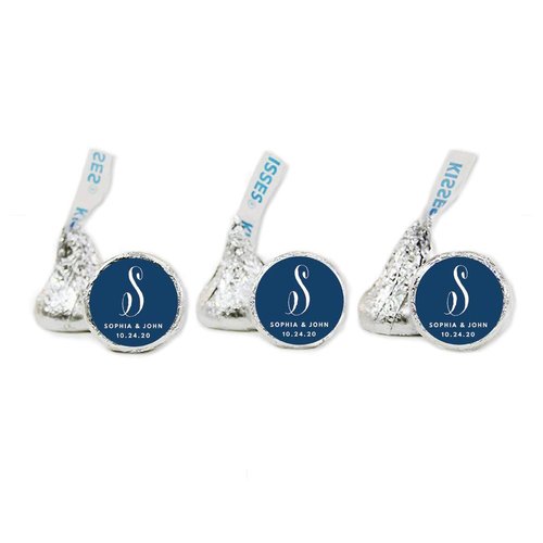 Andaz Press Personalized Chocolate Drop Label Stickers, Fits Kisses Party Favors, Wedding Monogram with Bride and Groom Names and Date, Navy Blue, 216-Pack, Custom Made