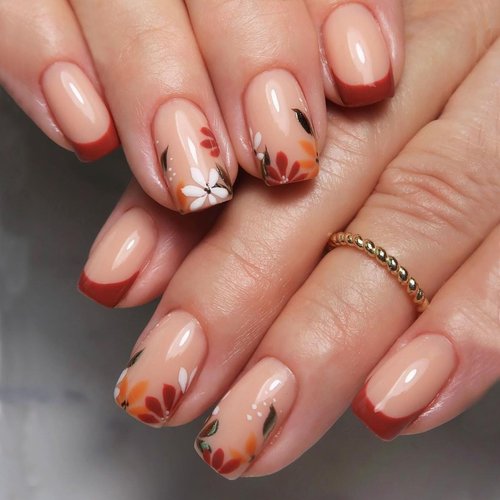 BFY Fall Press on Nails Short Square Red French Fake Nails, Red Orange Flowers Acrylic Nails Tip, Shiny Natural Fit Glossy Manicure Stick on Nails with Glue, False Nails Kit 12Sizes 24Pcs
