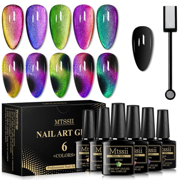MTSSII Cat Eye Gel Nail Polish Moonstone Cat Eye Chameleon Magnetic Gel Galaxy Cat Eye Nail Polish with Starry Sky Effect 6 Colors Nail Polish Set Manicure Nail Art Gift with 1 Magnet Stick