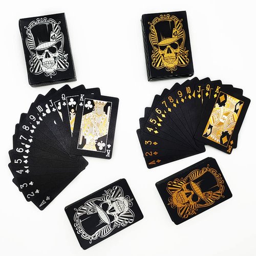 jcoral 2 Pack Skull Black Playing Cards Waterproof Poker Cards Plastic Black Foil Playing Cards Highly Flexible,2 Decks of Cards with Bag(Gold+Black 3)