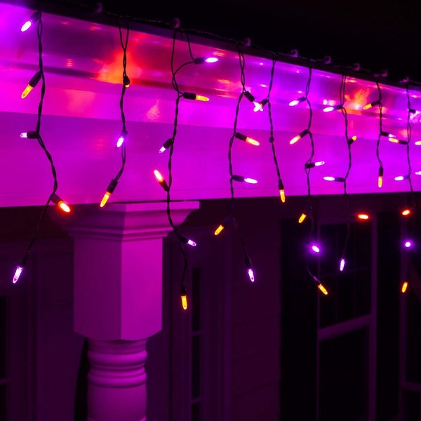 Wintergreen Lighting Halloween Icicle Lights, 70 Purple and Orange Mini LED Lights on Black Wire, 7 ft Fun House Halloween Decorations Party Lights (70 Icicle Lights)