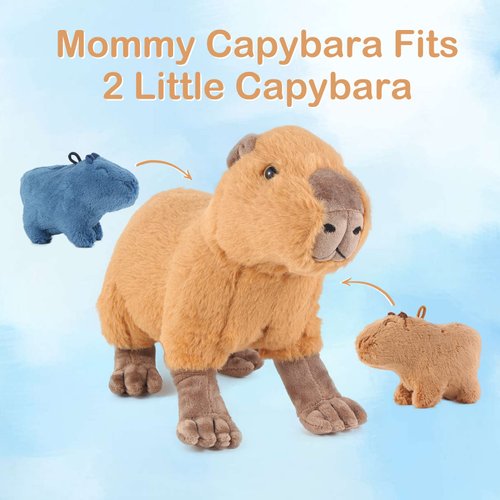 Capybara Plush with 2 Small Capybara Stuffed Animals, 3Piece Soft Capybara Stuffed Animals Zippers Playset, Capybara Mom with Babies, Unique Plushie Toys Model Dolls Collection for Kids