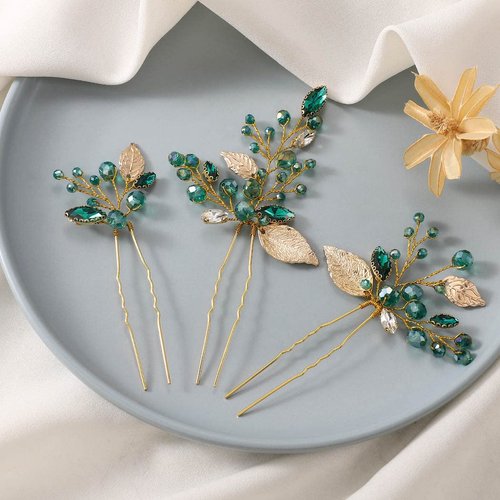 Latious Emerald Bride Wedding Leaf Hair Pins Gold Green Crystal Bridal Hair Pieces Rhinestones Prom Hair Accessories for Women and Girls (Pack of 3) (Gold)