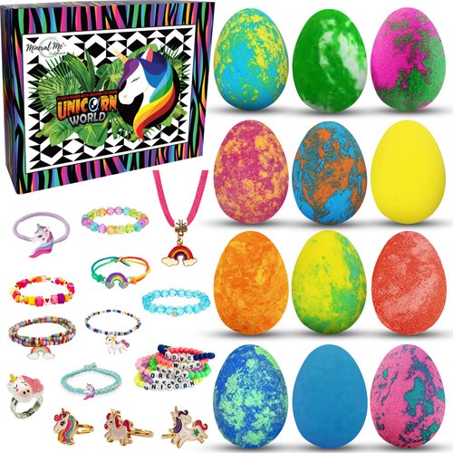 Unicorn Bath Bombs for Girls with Jewelry Inside - 12 Pack Organic Bath Bombs for Kids Girls with Surprise Inside, Skin Moisturizing Natural Rainbow Unicorn Bubble Bath. Easter Basket Stuffers Girls