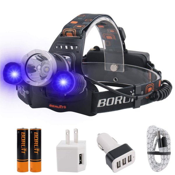 BORUIT rj-3000 LED Black Light Headlamp Rechargeable Hunting Head Lamp Super Bright 5000 Lumens 3 Modes Head Light IPX4 Waterproof USB Headlight for Adults Outdoor Fishing Camping