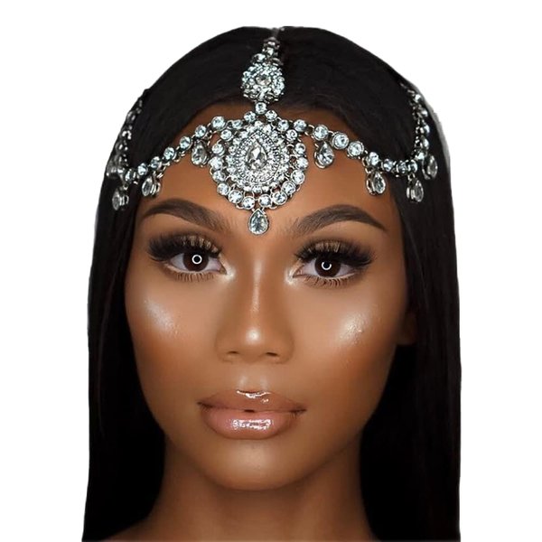 Rumtock Exotic Big Teardrop Rhinestones Forehead Chain with Clip for Wedding Brides Women Girls Crystal Bling Hair Jewelry Headpiece
