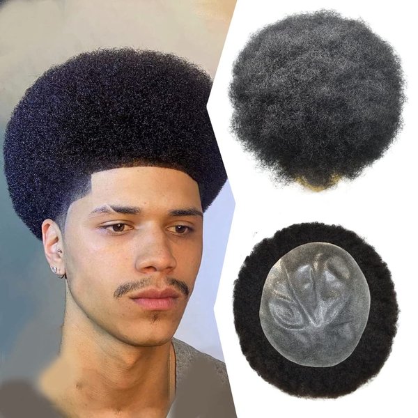 Hair Units for Black Mens Toupee Afro Curly Human Hair Replacement System African American Hairpiece 4mm Wavy-1B# Off Black (4MM TIGHT CURL, Jet Black 1#)