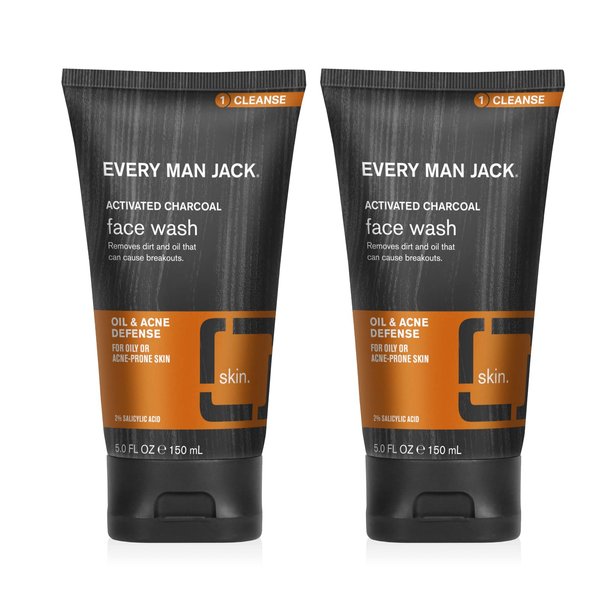Every Man Jack Activated Charcoal Oil and Acne Defense Skin Clearing Face Wash For Men - Deeply Cleanse Pores and Prevent Acne Breakouts with Salicylic Acid + Coconut Oil - 5 oz Mens Face Wash - 2pack