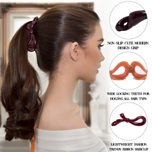 RC ROCHE ORNAMENT 6 Pcs Womens Girls Cute Hair Ribbon Bow Banana Ponytail Holder Maker Non Slip Secure Grip Styling Fashion Accessory Comb Clip Clincher Clasp, Medium Classic Multicolor