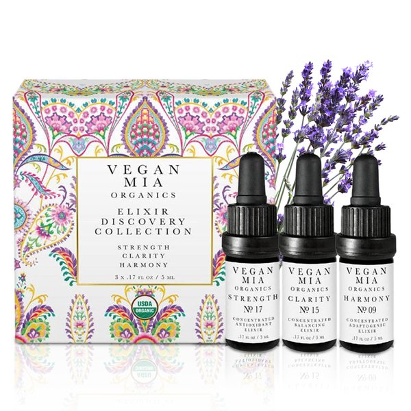 Vegan Mia - USDA Organic Concentrated Elixirs Mini Discovery Kit Skincare Face Oil: Clarity Brightening & Balancing, Strength Antioxidant & Superfood, & Harmony Adaptogen - Mini Variety Pack of 3