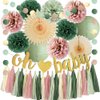 Dusty Pink and Sage Green Baby Shower Decorations Boho Oh Baby Shower Decorations for Girl Dusty Rose and Sage Green Paper Lanterns Pom Poms Beige Fans with Olive Cream Tassel Garland