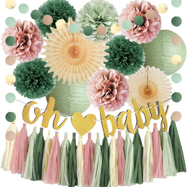 Dusty Pink and Sage Green Baby Shower Decorations Boho Oh Baby Shower Decorations for Girl Dusty Rose and Sage Green Paper Lanterns Pom Poms Beige Fans with Olive Cream Tassel Garland