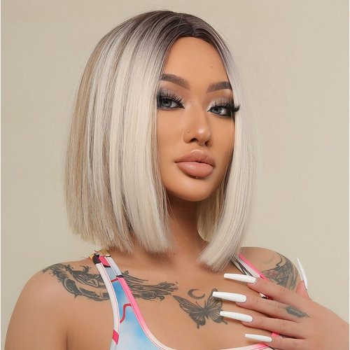 PATTNIUM Blonde Bob Wig for Women Short Straight Ombre Blonde Wig Blonde Mixed Brown Wig with Dark Roots Heat Resistant Synthetic Wig with Wig Cap (Ombre Blonde)