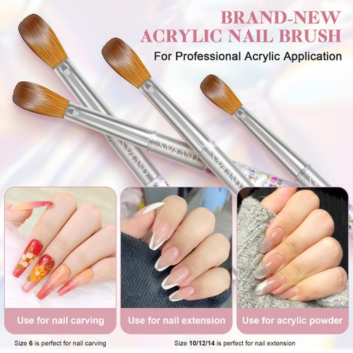 Saviland Kolinsky Acrylic Nail Brush Set - 4PCS Professional Acrylic Nail Brushes for Acrylic Application, Size 6/10/12/14 Acrylic Powder Brushes for Acrylic Nails Extension & 3D Nail Carving