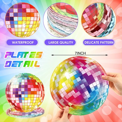 Pickmesh 80 Pieces 70s Disco Ball Paper Plates 7 Inch Disco Party Decorations Halloween Birthday Dessert Plates Colorful Glitter Disposable Plates for Christmas Holiday Xmas Birthday 70s Rock Roll