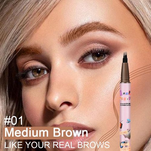 Kaely 2Pcs Medium Dark Brown Microblading Eyebrow Pen,4 Tip Magic Eyebrow Pencil,Magical Precise Waterproof Brow Pen,lapiz de cejas 3d Eye Brow Pencils for Women,Creates Natural Brows Makeup,01+02