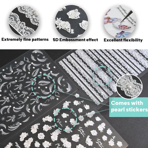 CESTSIREN 3 Sheets White Nail Art Stickers 5D Embossed Flower Lace Ribbon Nail Decals for Nail Art Design Pearl Nail Accessories for Women Nail Art Supplies