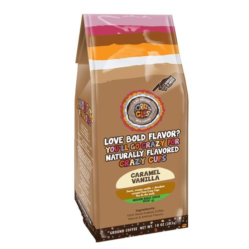 Crazy Cups Decaf Flavored Ground Coffee, Caramel Vanilla, in 10 oz Bag, For Brewing Flavored Hot or Iced Decaf Coffee