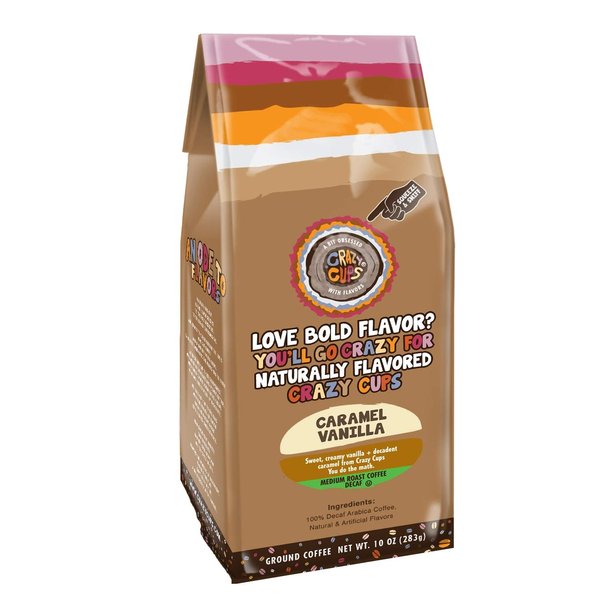 Crazy Cups Decaf Flavored Ground Coffee, Caramel Vanilla, in 10 oz Bag, For Brewing Flavored Hot or Iced Decaf Coffee