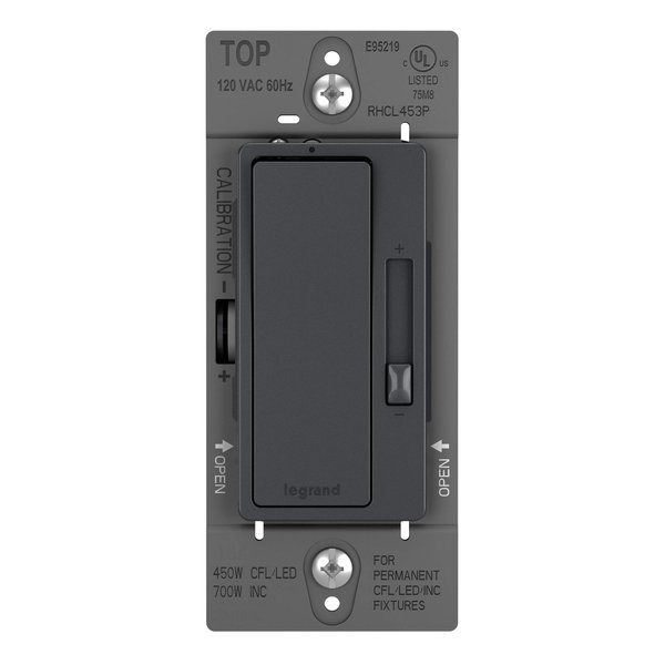 Legrand radiant RH453PGCCV6 450W Preset Decorator Rocker Dimmer Light Switch with Locator Light for Dimmable LED and CFL Bulbs, Single Pole/3-Way, Graphite (1 Count)