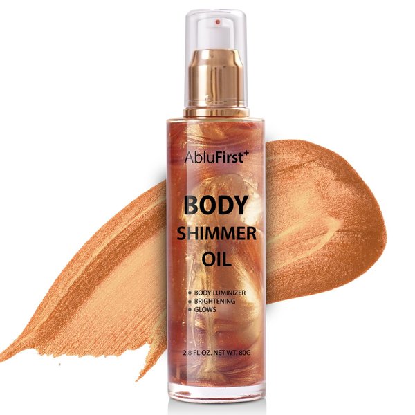 AbluFirst 4 Colors Shimmer Body Oil Face Glitter Summer Body Moisturizing Light Shimmering Glow Non-Sticky Party Body Luminizer and Illuminator Smooth (2.8 Fl Oz Pack of 1, Bronze Gold)