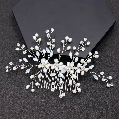 CASOLVX Crystal Wedding Hair Comb Pearl Crystal Hair Piece Bride Side Comb Hair Accessories for Women and Bride Handmade Jewelry(Silver)