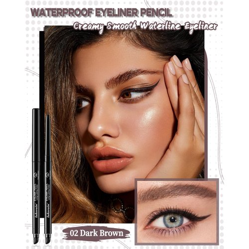 Dark Brown Waterproof Eyeliner Gel Pencil- 2Pcs Smudge Proof Long Lasting 24H Retractable Eyeliner Pen, Matte Cream Eyeliner Waterline, Smoky Makeup Eye Liner Pencils, Built-In Sharpener & Smudger-02