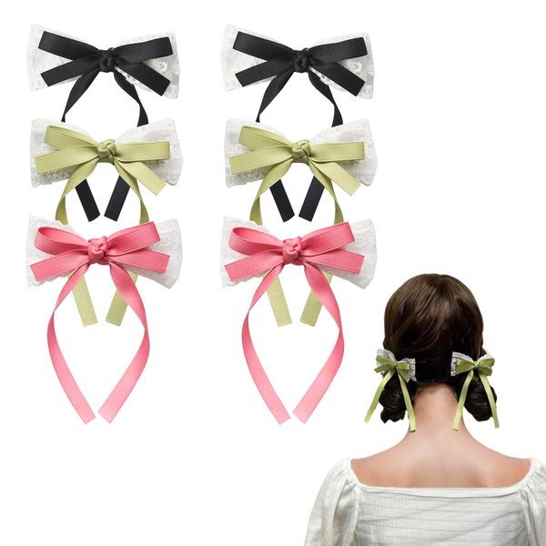 HZCBSJ 6pcs Hair Bows for Women - Cute Hair Clips Ribbon Bowknots Lace Bows Hair Accessories for Girls Toddlers Teens Kids（Black Green Red)